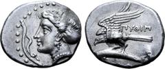 The William Stancomb Collection Paphlagonia, Sinope AR Drachm. Pythip- magistrate, circa 330-300 BC. Head of nymph Sinope left, wearing triple-pendant earring, necklace and sakkos; aphlaston before / 