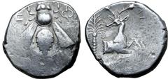 Greek Ionia, Ephesos AR Tetradrachm. Contemporary imitation, circa 390-325 BC. Agnon, 'magistrate'. Bee; E-Φ flanking / Forepart of stag to right, head left; palm tree to left, AΓNΩN to right. Unpubli