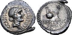 Roman Imperatorial C. Cassius Longinus AR Denarius. Military mint travelling with Brutus and Cassius, probably at Smyrna, 42 BC. P. Cornelius Lentulus Spinther, legate. Diademed and draped head of Lib