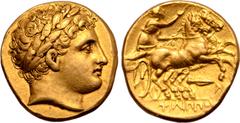Greek Kingdom of Macedon, Philip III AV Stater. Magnesia ad Maeandrum, 323-317 BC. In the name and types of Philip II. Head of Apollo right, wearing laurel wreath / Charioteer driving galloping biga t