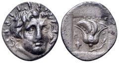 Greek Rhodos, Rhodes AR Hemidrachm. 'Plinthophoric' coinage. Dexagoras, magistrate. Circa 170-150 BC. Radiate head of Helios right / Rose with bud to right, P-O flanking; ΔΕΧΑΓΟΡΑΣ above, bunch of gra