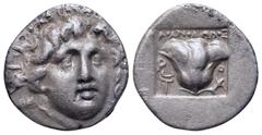 Greek Rhodos, Rhodes AR Hemidrachm. 'Plinthophoric' coinage. Athanodoros, magistrate. Circa 170-150 BC. Radiate head of Helios facing slightly right / Rose with bud to right, P-O flanking; AΘΑΝΟΔΩΡΟΣ 