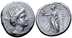 Greek Parthia, Andragoras AR Tetradrachm. Hekatompylos, circa 246/5-239/8 BC. Turreted head of Tyche right, wearing pendant earring and necklace; monogram of Andragoras behind / Athena standing left, 