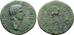 Roman Imperial Claudius I Æ Sestertius. Rome, AD 41-45. TI CLAVDIVS CAESAR AVG P M TR P IMP, laureate head right / NERO CLAVDIVS DRVSVS GERMAN IMP, the triumphal arch of Nero Claudius Drusus, surmount