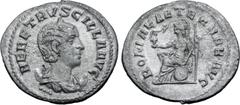 Roman Imperial Herennia Etruscilla (wife of T. Decius) AR Antoninianus. Antioch, AD 249-251. HER ETRVSCILLA AVG, diademed and draped bust right, set on crescent; •••• below / ROMAE AETERNAE, Roma seat