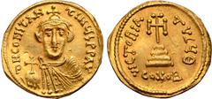 Byzantine Constans II AV Solidus. Constantinople, AD 651-654. ∂ N CONSƮANƮINЧS P P AV, bust facing, wearing crown and chlamys, and holding globus cruciger / VICTORIA AVςЧ Θ, cross potent on three step