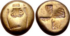 Greek Mysia, Kyzikos EL Hemihekte - 1/12 Stater. Circa 500-450 BC. Kithara; below, [tunny fish to right] / Quadripartite incuse square. Cf. Von Fritze 181 (unlisted denomination); SNG France 325; cf. 