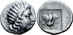 Greek Rhodos, Rhodes AR Drachm. 'Plinthophoric' coinage. Anaxidikos, magistrate. Circa 190-170 BC. Radiate head of Helios right / Rose with bud to right, P-O flanking; ΑΝΑΧΙΔΙΚΟΣ above, hook in left f