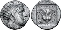 Greek Rhodos, Rhodes AR Drachm. 'Plinthophoric' coinage. Xenophantos, magistrate. Circa 170-150 BC. Radiate head of Helios right / Rose with bud to right, P-O flanking; ΞΕΝΟΦΑΝΤΟΣ above, ram's head in