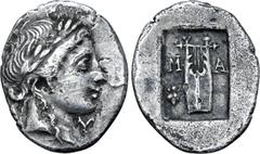Greek Lykian League, Masikytes AR Hemidrachm. Circa 48-42 BC. Laureate head of Apollo right; Λ behind, Y in front / Kithara of three strings, M-A across lower fields, plectrum(?) below to left; all wi