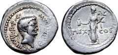 Roman Imperatorial Marc Antony AR Denarius. Military mint moving with Antony, 41 BC. Bare head right, lituus behind, M•ANTONIVS•IMP•III•VIR•R•P•C• around / Pietas standing left, holding turibulum and 