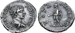 Roman Imperial Geta, as Caesar, AR Denarius. Rome, AD 203-208. GETA CAES PONT COS, bare-headed, draped bust of Geta right / VOTA PVBLICA, Geta, togate, standing to the left, sacrificing over a tripod 