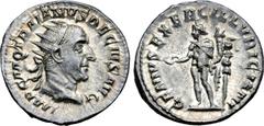 Roman Imperial Trajan Decius AR Antoninianus. Rome, AD 249-251. IMP C M Q TRAIANVS DECIVS AVG, radiate and cuirassed bust right / GENIVS EXERCITVS ILLVRICIANI, Genius of the armies of Illyricum standi
