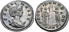 Roman Imperial Severina (wife of Aurelian) BI Antoninianus. Ticinum, AD 270-274. SEVERINA AVG, diademed and draped bust right, set on crescent / PROVIDEN DEOR, Fides standing to right, holding two ens