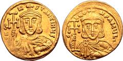 Byzantine Constantine V Copronymus, with Leo IV, AV Solidus. Constantinople, AD 741-755. ∂ N CONSƮANƮINЧS, crowned and draped bust of Constantine facing, holding cross potent and akakia / C LЄON P A M