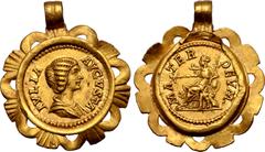 Antiquities Roman Openwork Gold Pendant Necklace. Early-mid 3rd century AD. For analogous aurei of Julia Domna set in a gold pendant cf.: Vermeule 1975, p. 16, 26 = Bruhn fig. 6, cat. 2 (Metropolitan 