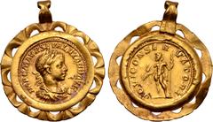 Antiquities Roman Openwork Gold Pendant Necklace. Early-mid 3rd century AD. For analogous aurei of Severus Alexander set in a gold pendant cf.: Bruhn p. 13, fig. 8, cat. 3 (= Metropolitan Museum of Ar