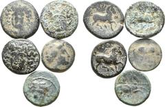 Large Lots Lot of 5 Greek Æ Coins: 1. Thessaly, Larissa. Ca. 356-337 BC. Æ Tetrachalkon, 5.12g.Head of nymph Larissa facing slightly left / (ΛAPIΣAIΩN) cavalryman, with Boiotian helmet spear, riding r