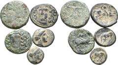 Large Lots Lot of 5 Greek Æ Coins: 1. Thessaly, Larissa . Late 4th-early 3rd century BC. Æ Dichalkon, 2.55 g. Head of the nymph Larissa right, wearing earring / ΛAPI ΣAIΩN horse left, about to roll. B