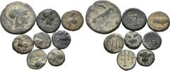 Large Lots Lot of 8 Greek Æ Coins: 1. Attica, Athens. Ca. 454-404 BC. Æ diobol, 1.78g.Helmeted head of Athena right / double bodied owl standing facing; olive spray in upper corners. HGC 4, 1644. Near