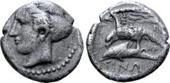 The William Stancomb Collection Paphlagonia, Sinope AR Drachm. Era-, magistrate. Circa 410-350 BC. Head of nymph Sinope left, hair elaborately arranged and wearing sakkos / ΣΙΝΩ, eagle flying clutchin