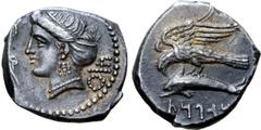 The William Stancomb Collection Paphlagonia, Sinope AR Drachm. Ariarathes, magistrate. Circa 325 BC. Head of Nymph left, hair in sphendone, wearing triple-pendant earring and necklace, aphlaston to le