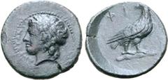 Greek Sicily, Akragas Æ Onkia. Tyranny of Phintias, circa 287-279 BC. Laureate head of Apollo left / Eagle standing right with head turned back. CNS I, 119; SNG Copenhagen 98; SNG ANS 1125. 2.62g, 17m
