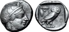 Greek Attica, Athens AR Tetradrachm. Circa 454-440 BC. Late "transitional" issue. Head of Athena right, wearing crested Attic helmet ornamented with three olive leaves above visor and spiral palmette 