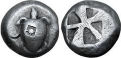 Greek Islands off Attica, Aegina AR Stater. Circa 525-475 BC. Sea turtle, head in profile, with 'T' design in pellets on shell / Incuse square with 'proto-skew' design. Meadows, Aegina, Group IIc; HGC