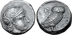 Greek Baktria, 'Athenian Series' AR Tetradrachm. Uncertain mint in the Oxus region, circa 261-239/8 BC. Attic standard. Head of Athena right, wearing earring, necklace, and crested Attic helmet decora