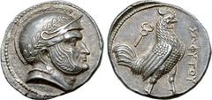 Greek Baktria, Sophytes AR Tetradrachm. Uncertain mint in the Oxus region, circa 246/5-235 BC. Attic standard. Head of Seleukos(?) right, wearing laurel wreathed Attic helmet decorated with spiral pat