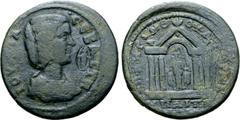 Roman Provincial Julia Domna (wife of S. Severus) Æ32 of Hypaepa, Lydia. AD 193-217. Kerinthos IV, strategos. IOV[ΛI]A CEBACTH, draped bust right; c/m: Artemis Anaitis facing / EΠ KHΡINΘOV Δ C[TP]A A,