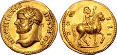 Migration Period Uncertain Germanic Tribes AV 'Aureus'. Pseudo-Imperial coinage imitating Maximian, late 3rd-early 4th centuries. MAXIMIANVS AVGVSTVS, laureate head left / ƆOഗ III, Maximian on horseba