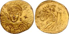 Migration Period Central Asia, Late Roman Imitative AV Solidus. 6th - 8th centuries AD. Garbled legend: ICVIIA-OCCC…O, pearl-diademed, helmeted and cuirassed bust facing slightly left, holding spear o