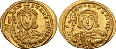 Byzantine Constantine V Copronymus, with Leo IV, AV Solidus. Constantinople, AD 741-755. ∂ N CONSƮANƮINЧS, crowned and draped bust of Constantine facing, holding cross potent and akakia / C LЄON P A M