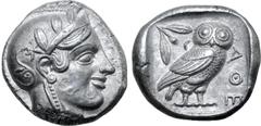 Greek Attica, Athens AR Tetradrachm. Circa 454-440 BC. Late "transitional" issue. Head of Athena right, wearing crested Attic helmet ornamented with three olive leaves above visor and spiral palmette 
