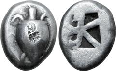Greek Islands off Attica, Aegina AR Stater. Circa 525-475 BC. Sea turtle, head in profile, with 'T' design in pellets on shell / Incuse square with 'proto-skew' design. Meadows, Aegina, Group IIc; HGC