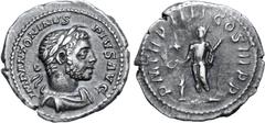 Roman Imperial Elagabalus AR Denarius. Rome, AD 220-221. IMP ANTONINVS PIVS AVG, laureate, draped bust right wearing 'horn' / P M TR P IIII COS III P P, Elagabalus standing left, sacrificing over ligh