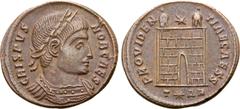 The Richard Stirk Collection Crispus, as Caesar, BI Nummus. Arelate, AD 324-325. CRISPVS NOB CAES, laureate and cuirassed bust right / PROVIDENTIAE CAESS, camp gate with seven rows, no doors and two t