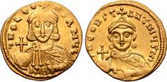 Byzantine Leo III 'the Isaurian', with Constantine V, AV Solidus. Constantinople, AD 724-731. ∂ NO LЄON P A MЧL, crowned bust of Leo facing, wearing chlamys, holding globus cruciger and akakia / ∂ N C