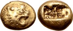 GREEK Kingdom of Lydia, Alyattes EL Trite - 1/3 Stater. Sardes, circa 610-546 BC. Head of roaring lion right, sunburst with four rays on forehead / Two incuse square punches. GRPC Lydia G24; Weidauer 