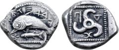 PADUANS Electrotype: Dynasts of Lycia, Thap... or Path... (?) AR Stater. Possible Bibliothèque nationale de France electrotype. Antiphellos, circa 470-460 BC. Dolphin leaping to left above fish swimmi