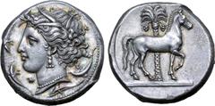 Greek Sicily, Siculo-Punic AR Tetradrachm. Entella, circa 345/38-320/15 BC. Head of Tanit-Persephone to left, wearing wreath of grain leaves, triple-pendant earring and necklace; four dolphins around,