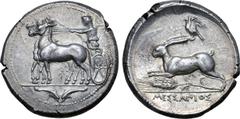 Greek Sicily, Messana AR Tetradrachm. 412-408 BC. Charioteer, holding kentron in right hand and reins in left, driving slow mule-biga to left; two dolphins confronted in exergue / Hare springing to ri