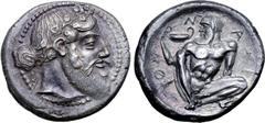 Greek Sicily, Naxos AR Tetradrachm. Circa 460 BC. Bearded head of Dionysos right, wearing ivy wreath, his hair tied in a krobylos behind / Nude, bearded and ithyphallic Silenos squatting facing, head 
