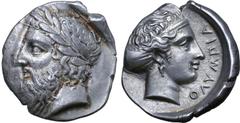 Greek Elis, Olympia AR Stater. 105th Olympiad. 360 BC. Head of Zeus left, wearing laurel wreath; [FAΛEION to left] / Head of the nymph Olympia right, hair in sphendone, wearing single-pendant earring;