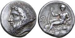 Greek Arkadia, Arkadian League AR Stater. Circa 363-362 BC. Bearded, laureate head of Zeus Lykaios to left / Youthful Pan reclining upon a rocky outcrop, his head three-quarters facing, mantle spread 