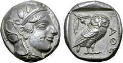 Greek Attica, Athens AR Tetradrachm. Circa 454-440 BC. Late "transitional" issue. Head of Athena right, wearing crested Attic helmet ornamented with three olive leaves above visor and spiral palmette 