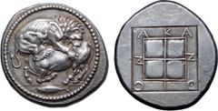 Greek Macedon, Akanthos AR Tetradrachm. Circa 470-430 BC. Bull collapsing to left, head raised, attacked and mauled by lion upon his back to right; tunny fish to left in exergue / ΑΚΑΝΘΙΟΝ around rais
