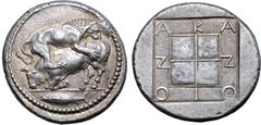 Greek Macedon, Akanthos AR Tetradrachm. Circa 470-430 BC. Bull collapsing to left, attacked and mauled by lion upon his back to right; tunny fish to left in exergue / ΑΚΑΝΘΙΟΝ around raised quadripart